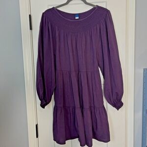 Old Navy Tiered Peasant Dress Womens M Plum Purple‎ Smocked Neck Balloon Sleeve